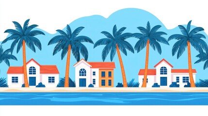 A vibrant illustration of tropical houses with palm trees beside a serene blue ocean, set against a backdrop of stylized mountains.