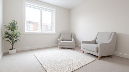 Modern empty room with two armchairs, rug, and plant