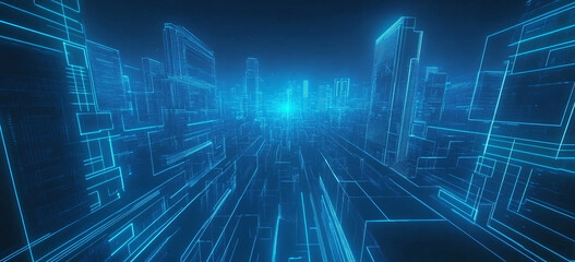 A futuristic city skyline is depicted, with buildings formed from glowing blue lines creating a digital, wireframe effect, suggesting a technologically advanced and interconnected urban landscape.