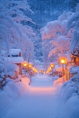 Enchanted snow-covered pathway illuminated by gas lamps at twilight in a peaceful winter village