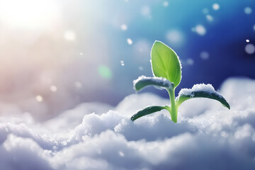 Green sprout breaking through snow. Concept of purposefulness and the birth of new life