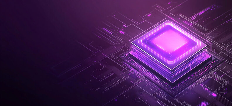 This image showcases a glowing purple central processing unit elegantly placed on a complex circuit board.