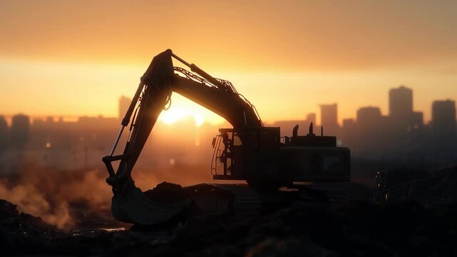 Pelleteuse sur un chantier avec un coucher du soleil sur une grande ville.