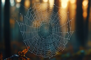 Naklejka premium Intricate spider web with morning dew and blurred background