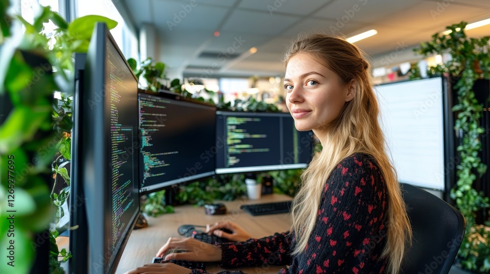 Poster female programmer focused on code on dual monitors in green office building saas platform