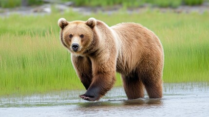 Obraz premium Alaskan brown bear wading, green marsh
