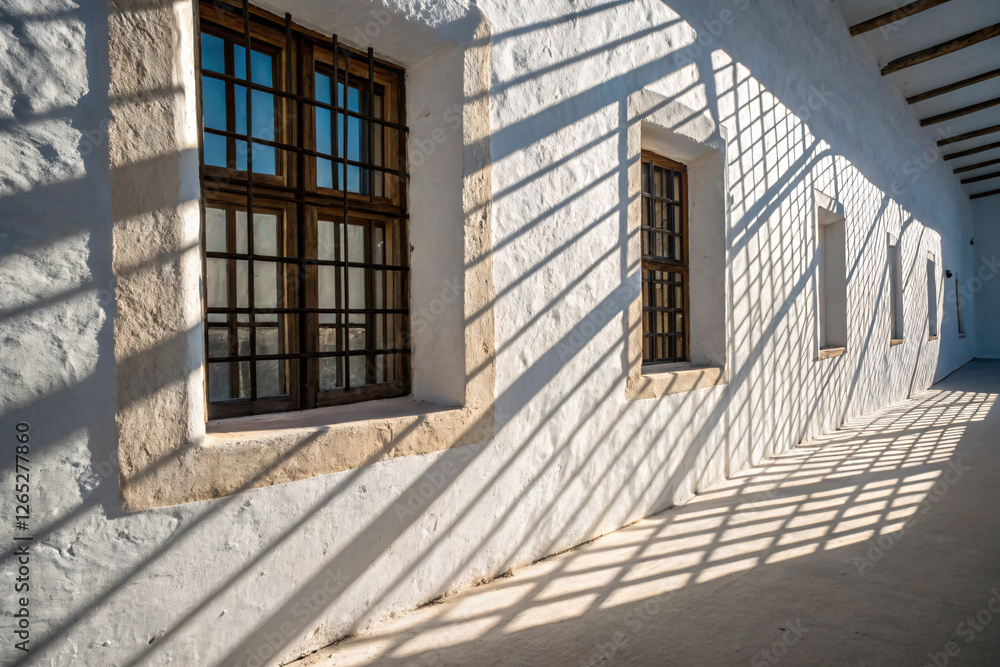Poster golden sunlight filters through iron-barred windows, forming intricate lattice patterns on a texture