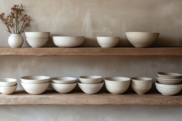 Neatly stacked ceramic bowls on rustic wooden shelves