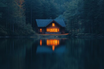 Fototapeta premium Serene lake house reflecting on calm evening water
