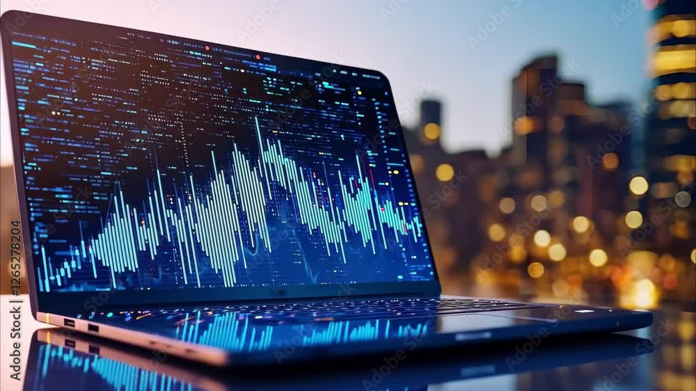 Poster a laptop displaying a colorful data visualization or audio waveform against a blurred city skyline b