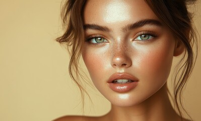 Naklejka premium Close-up portrait featuring a young woman with striking green eyes and luminous skin on a soft beige background in natural light