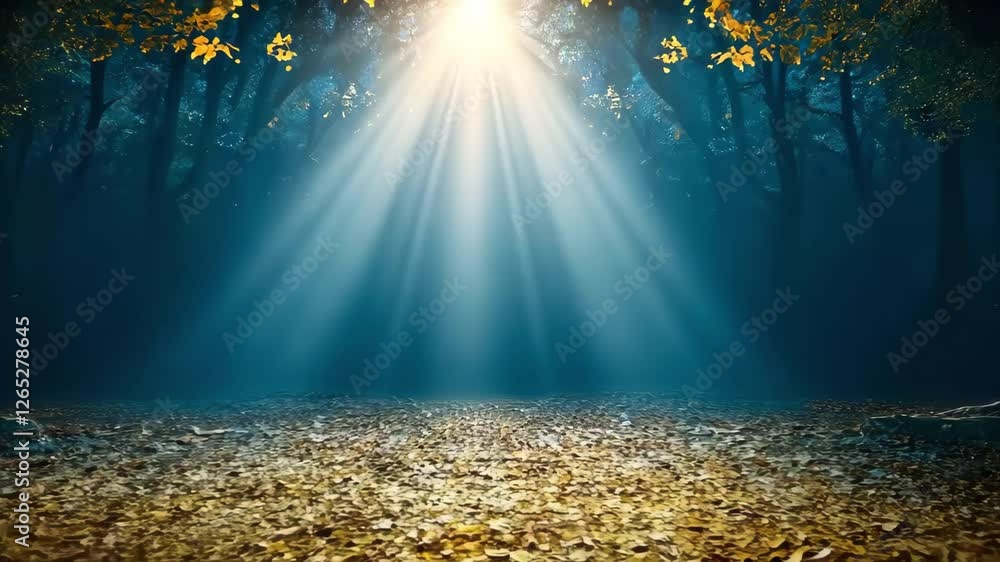 Poster a serene forest scene with rays of light filtering through trees, illuminating a ground covered in a