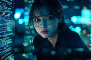 A young female Asian software engineer with glasses, working on her computer in the dark office room at night, surrounded by glowing data and code streams.