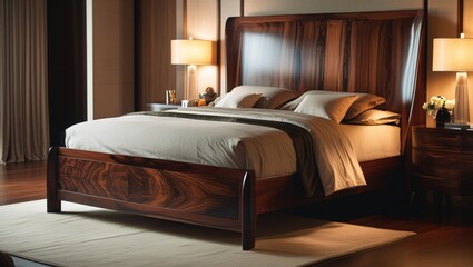 Solid Wood Bed Frame with Dark Finish in Modern Bedroom
