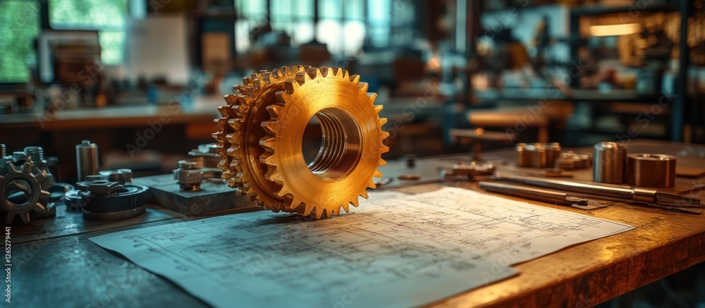 Poster precision gears on blueprint in workshop.