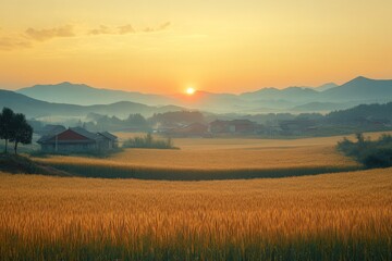 Obraz premium Golden wheat field at sunrise with a serene countryside landscape
