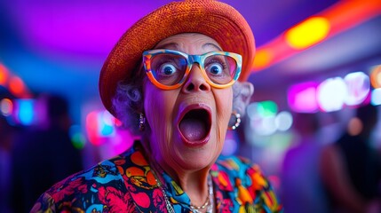 elderly woman in colorful clothing with glasses and wide eyes standing in room with bright lights celebrating bingo win with joyful open mouth and arms raised showing excitement and happiness emotion 