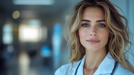 Fototapeta premium Compassionate female healthcare professional in a white coat, embodying care and dedication in her role.