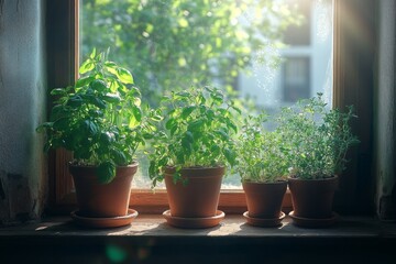 Fototapeta premium Indoor green plants by a large window with natural sunlight