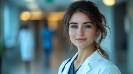 Obraz premium Compassionate female healthcare professional in a white coat, embodying care and dedication in her role.
