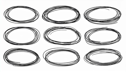 Hand drawn doodle oval set. Hand drawn marker, pen stroke line oval frame. Scribble round frame for text highlight. Grunge scratch style set. perfect any project