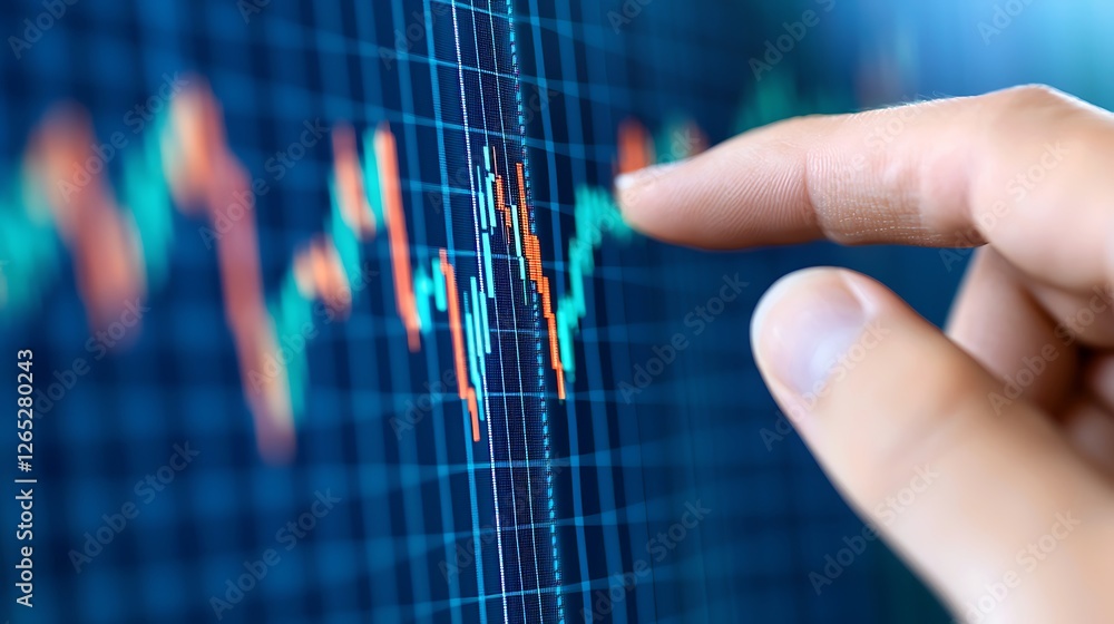 Poster a close-up of a finger pointing at a digital stock market graph displaying fluctuating data on a blu