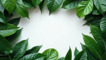 Fototapeta premium Green Leaves Frame on White Background - Natural Organic Style