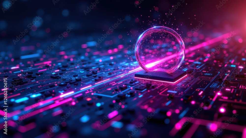 Aufkleber coding in a digital cybernetic landscape with bright neon lights and circuit lines.