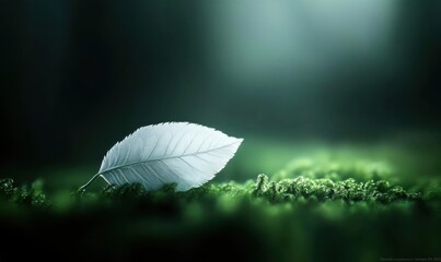 Single white leaf on moss, forest floor, sunlight, nature serenity, desktop background