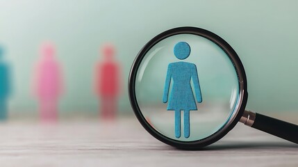 A magnifying glass focuses on a digital representation of a female figure, symbolizing analysis, representation, and the importance of gender diversity.