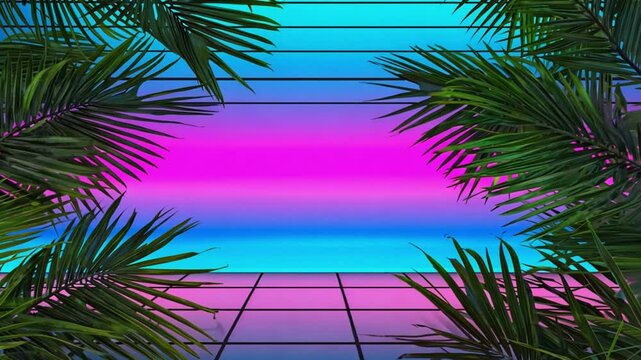 Retro 80s-inspired colors electric blue, hot pink, neon green palm leaves screen, neon gradient to shine. A space middle glows softly for text, 4k High-Quality background Animation Video