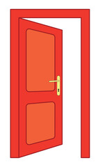 Cartoon open doors. Opened wooden doors icon. Home or house entrance. Open door to room. Exit label concept. An open, white door leading to nowhere. Vector illustration