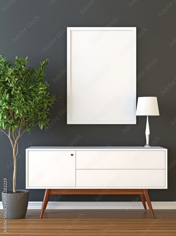 Fototapete A hipster interior background serves as the setting for a retro chest of drawers, upon which a mock-up poster frame is positioned, generated using 3D rendering and illustration
