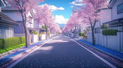 Street view with beautiful cherry blossom flower at full blooming in Spring.