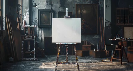 A blank white canvas on an easel in the middle of a dark artist studio