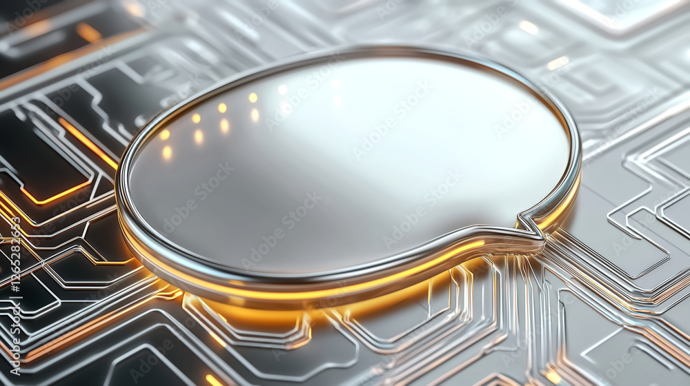 Poster sleek futuristic speech bubble with metallic finish on circuit board background, symbolizing advance