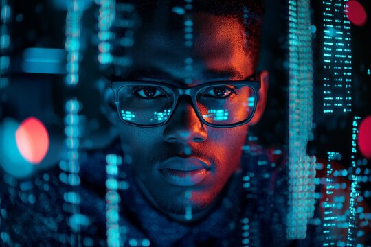 A young American African male software engineer with glasses, working on his computer in the dark office room at night, surrounded by glowing data and code streams