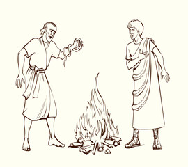 Vector drawing. A snake bit a man's hand