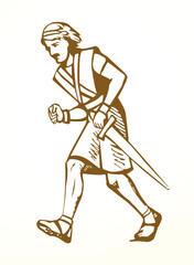 Vector drawing. Running warrior with sword