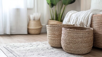 Wicker baskets sit on rug with plant and blanket behind