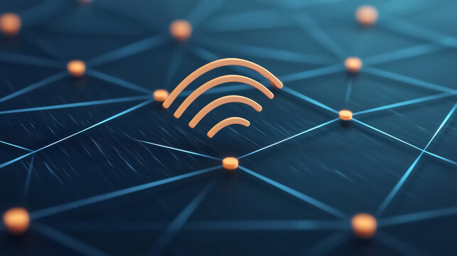 Wireless networking symbol on digital network background, representing connectivity and technology trends. image conveys sense of innovation and modern communication