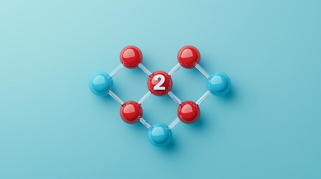 A molecular structure with red and blue spheres connected by lines, featuring the number 2 at the center, set against a light blue background.