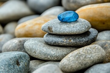 polished blue gemstone on a stack of weathered gray stones