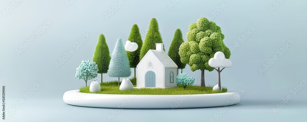 Poster a serene, stylized scene featuring a small white house surrounded by various green trees and fluffy 