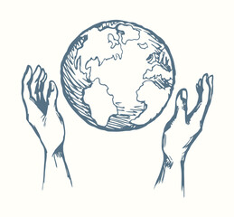 God's hand creates earth. Vector drawing