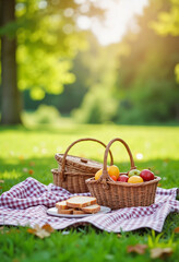Family picnic setup on checkered blanket in green park, outdoor joy