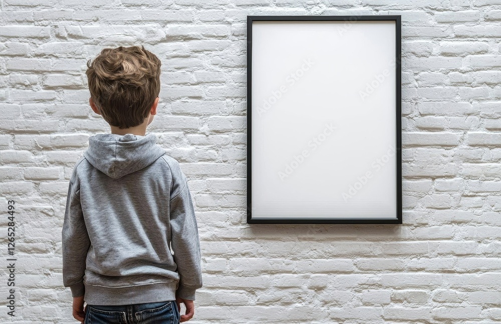Poster template for a blank black picture frame to insert an image or text on a white brick wall background
