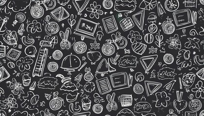 Kindergarten doodle vector chalkboard background. Hand drawn doodle style children cute seamless pattern, preschool wallpaper. Kids education simple background. perfect any project