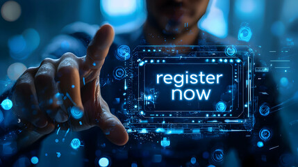 Digital registration prompt online platform graphic design virtual environment close-up view user engagement