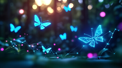 vibrant scene featuring glowing butterflies in lush environment, showcasing blend of nature and technology. ethereal light creates magical atmosphere, enhancing beauty of butterflies